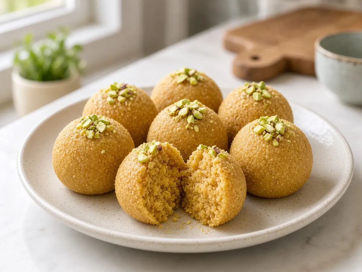 Besan Ladoo: Nutty, melt-in-the-mouth Indian sweets made from slowly roasted chickpea flour, ghee and sugar.