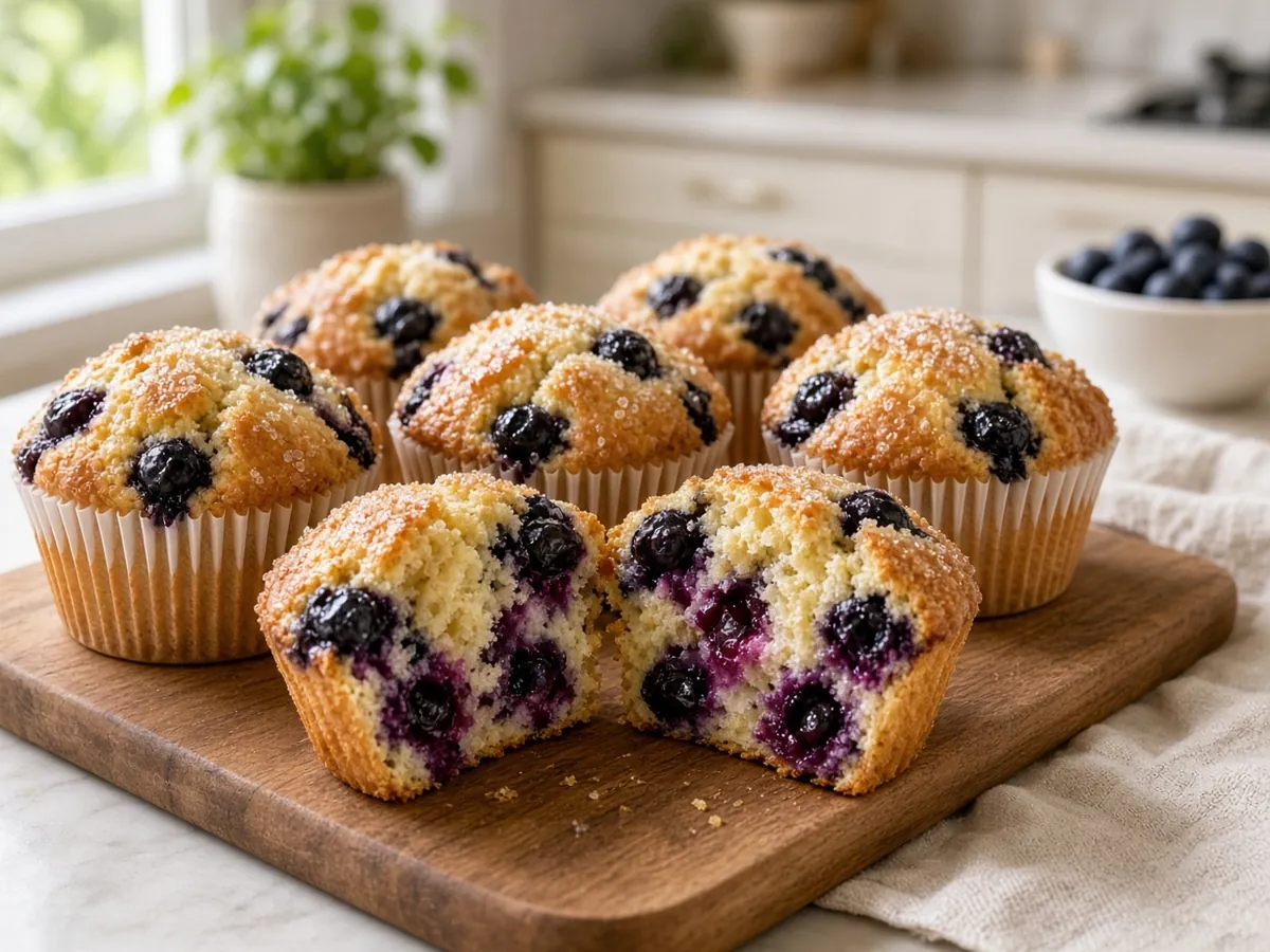 Blueberry Muffins: Tall, tender bakery-style muffins bursting with blueberries.