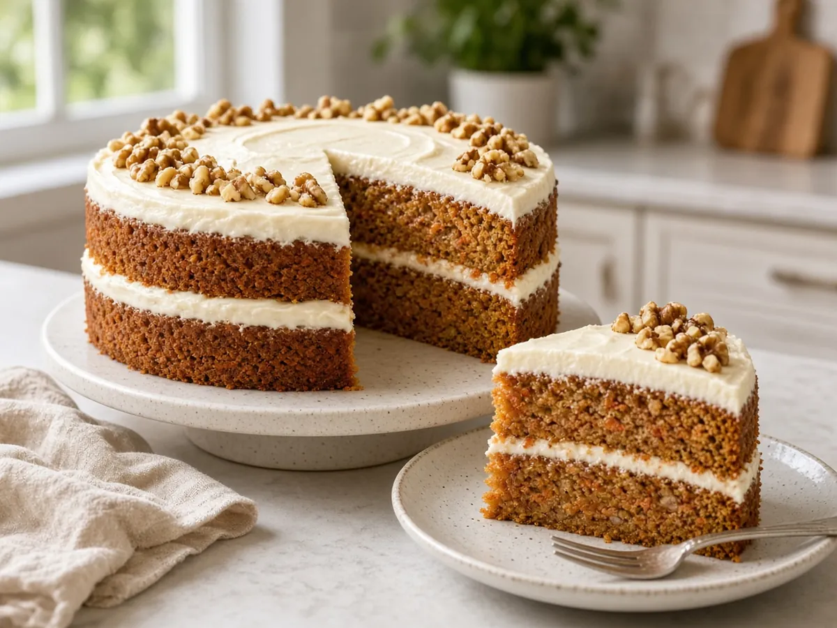Carrot Cake with Cream Cheese Frosting: A moist, spiced carrot cake with walnuts and tangy cream cheese frosting.