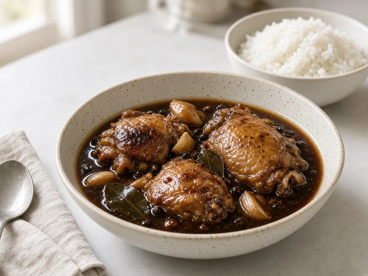 Filipino Chicken Adobo: Chicken braised in vinegar, soy sauce, garlic and bay leaves until tender and glossy.