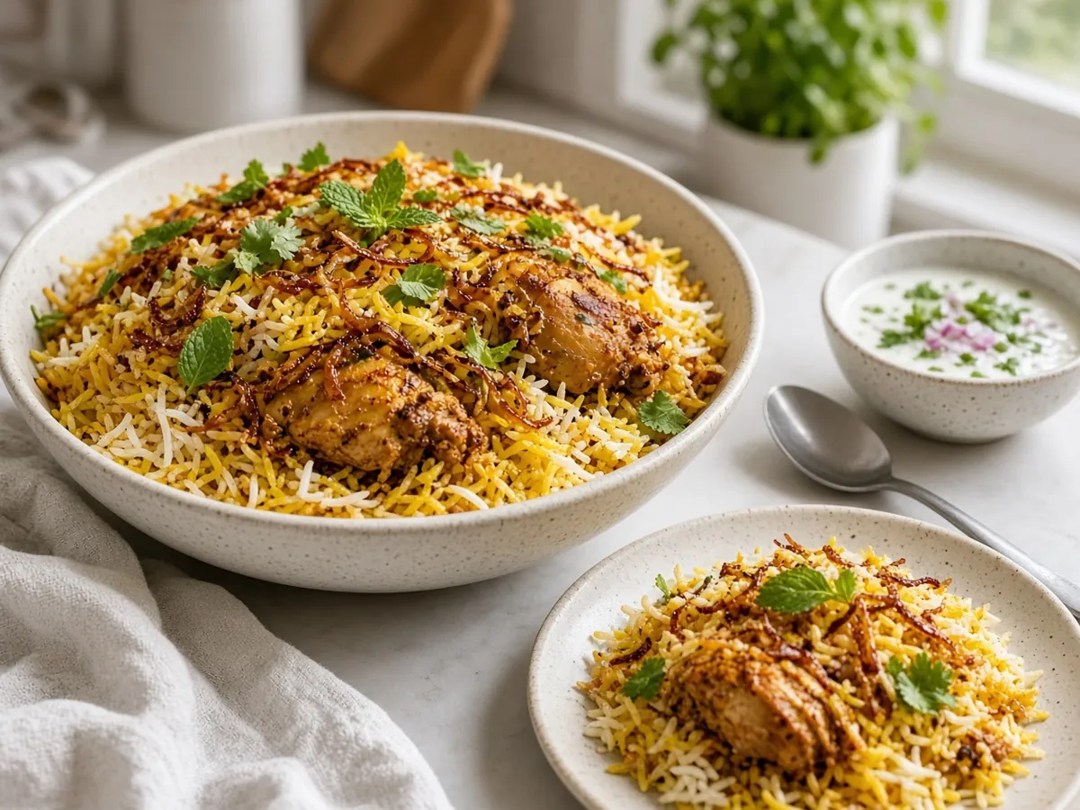 Chicken Biryani: Layers of spiced chicken and fragrant basmati rice, steamed together with saffron, mint and fried onions.