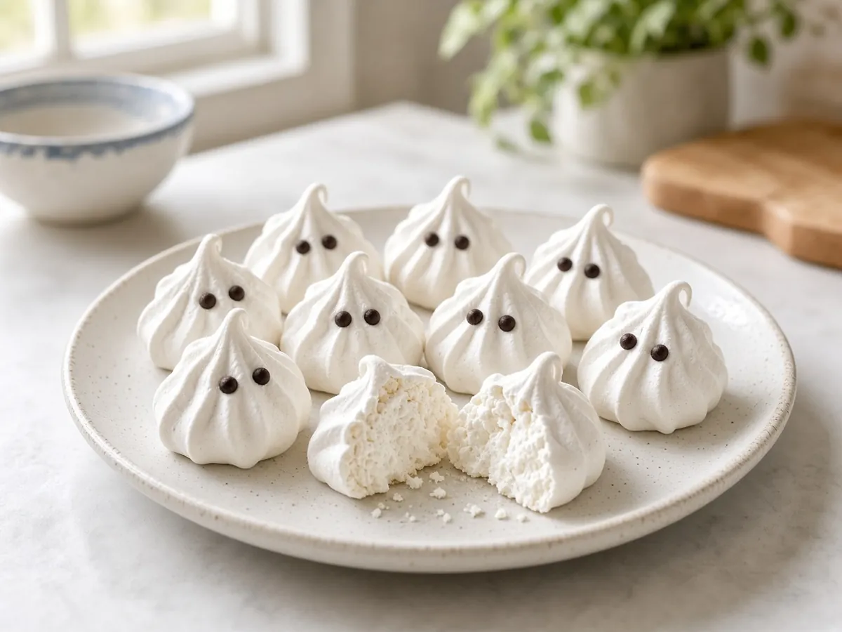 Ghost Meringues: Crisp, melt-in-your-mouth meringue ghosts with little chocolate-chip eyes.