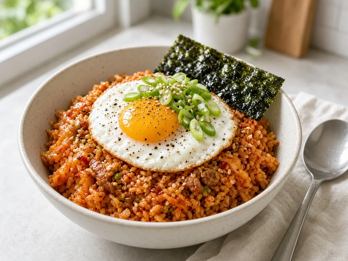 Kimchi Fried Rice: Day-old rice fried with tangy kimchi and gochujang, topped with a runny fried egg.