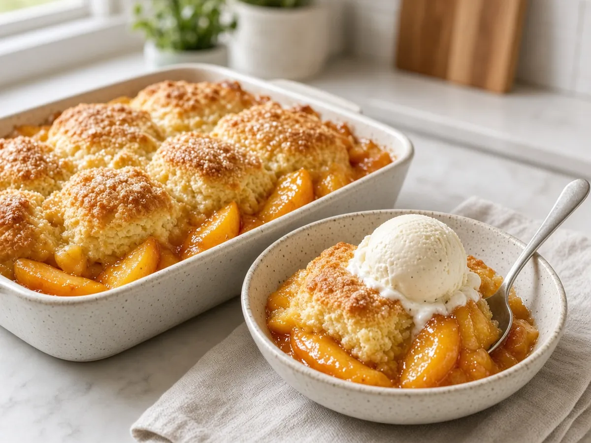 Peach Cobbler: Juicy cinnamon peaches baked under a tender, golden biscuit topping.