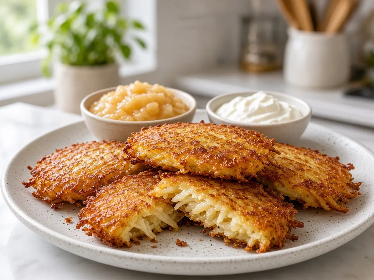 Potato Latkes: Lacy, crisp-edged potato pancakes fried golden, served with applesauce and sour cream.