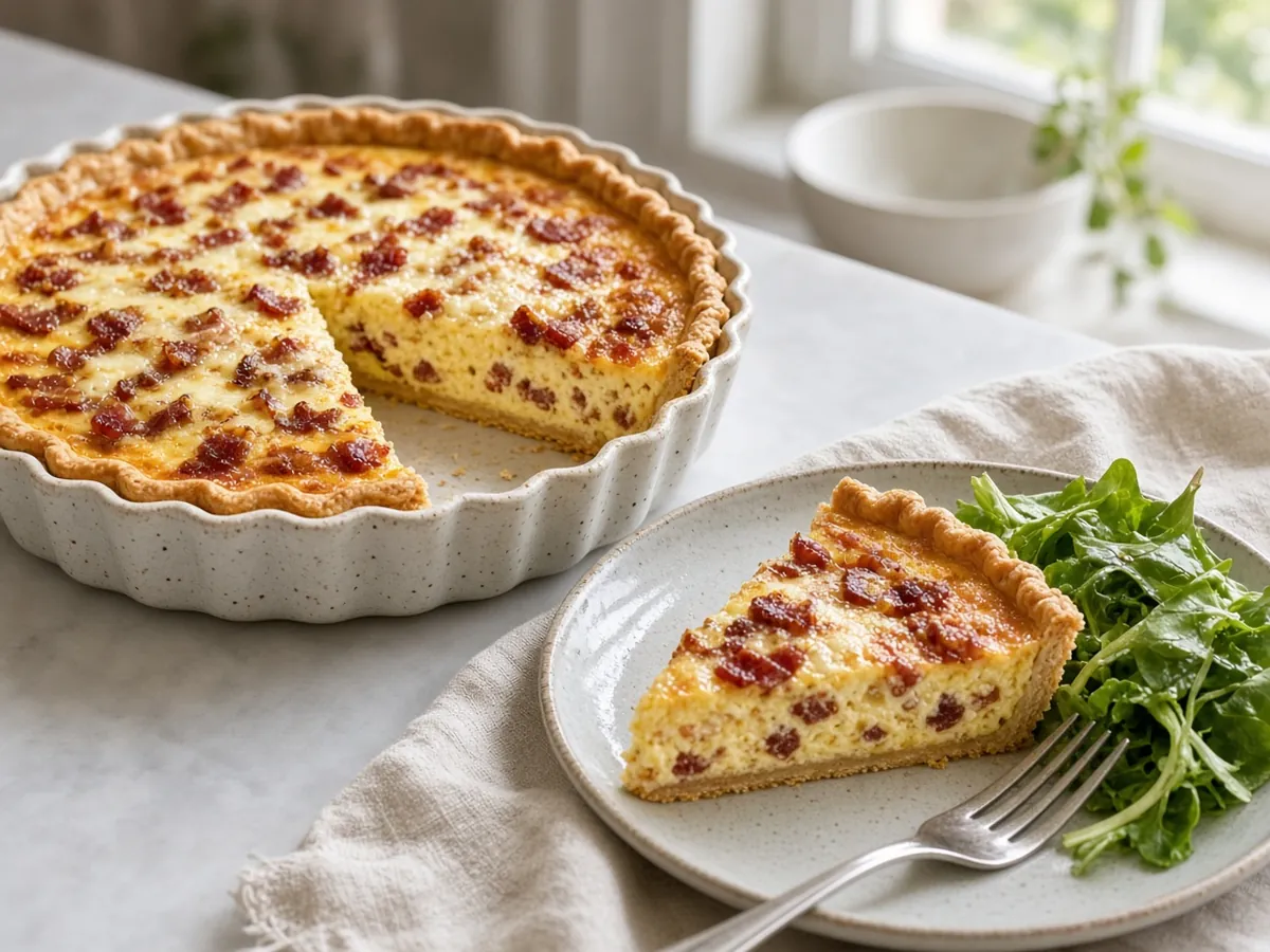 Quiche Lorraine: A classic bacon and Gruyère custard tart in a crisp, blind-baked butter crust.