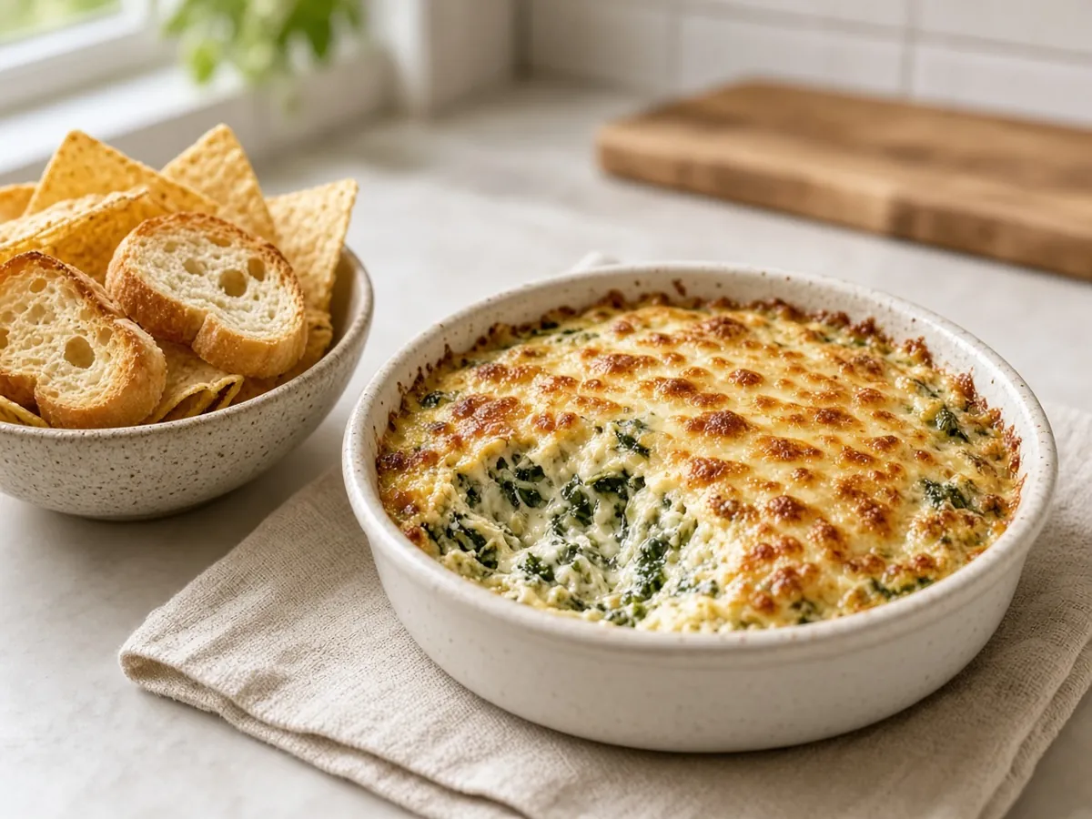 Baked Spinach Artichoke Dip: A hot, bubbly, cheesy dip of spinach and artichoke hearts, perfect with chips or bread.