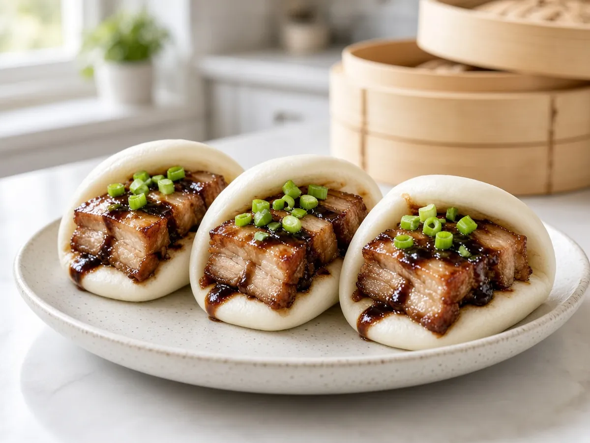Steamed Pork Belly Buns (Bao): Fluffy white steamed buns filled with tender soy-braised pork belly, brushed with hoisin and topped with green onions.