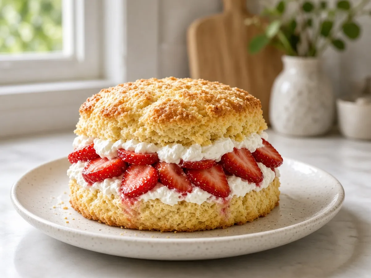 Strawberry Shortcake: Tender cream biscuits split and piled with juicy sugared strawberries and whipped cream.