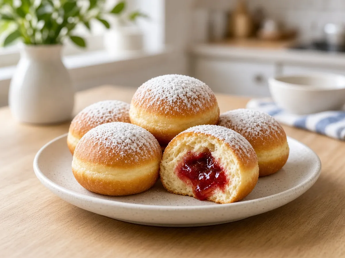 Sufganiyot (Jelly Doughnuts): Pillowy fried yeast doughnuts filled with jam and dusted with powdered sugar.