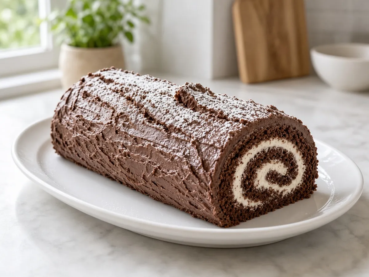 Yule Log (Bûche de Noël): A tender chocolate sponge rolled around whipped cream and covered in chocolate ganache bark.