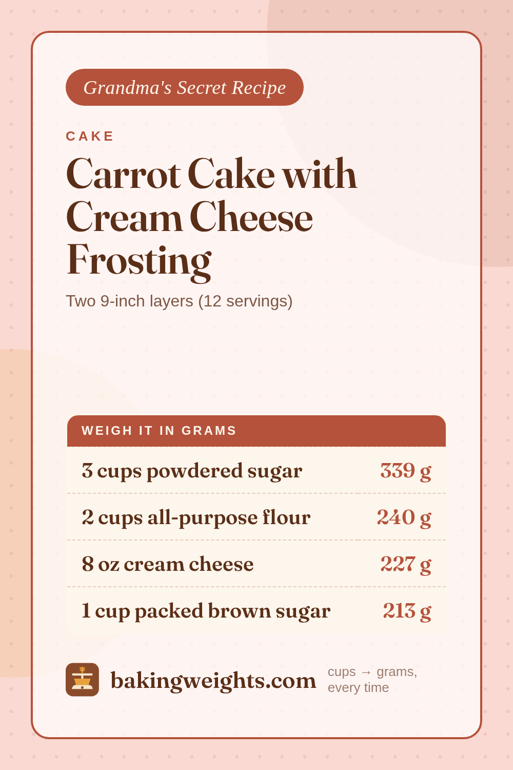 Carrot Cake with Cream Cheese Frosting Recipe (Grams & Cups) | Baking Weights