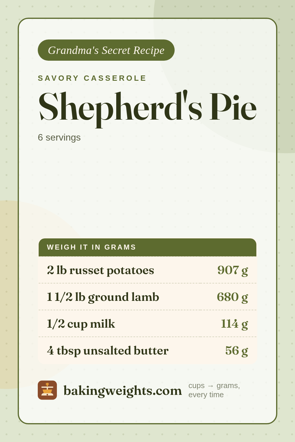 Shepherd's Pie Recipe (Grams & Cups) | Baking Weights