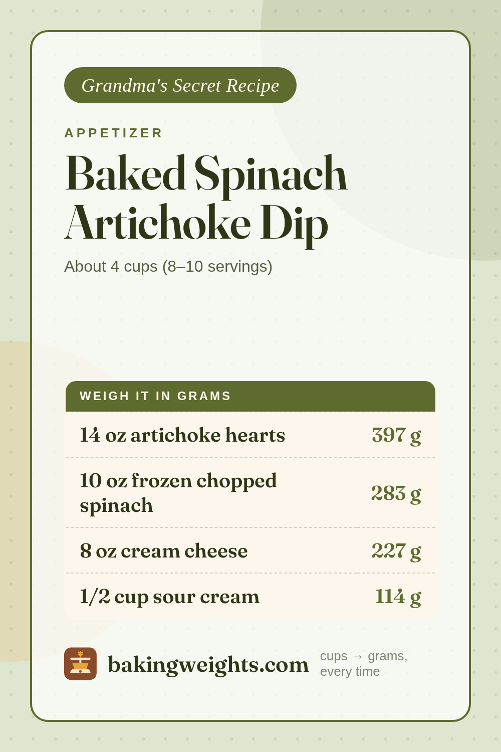 Baked Spinach Artichoke Dip Recipe (Grams & Cups) | Baking Weights