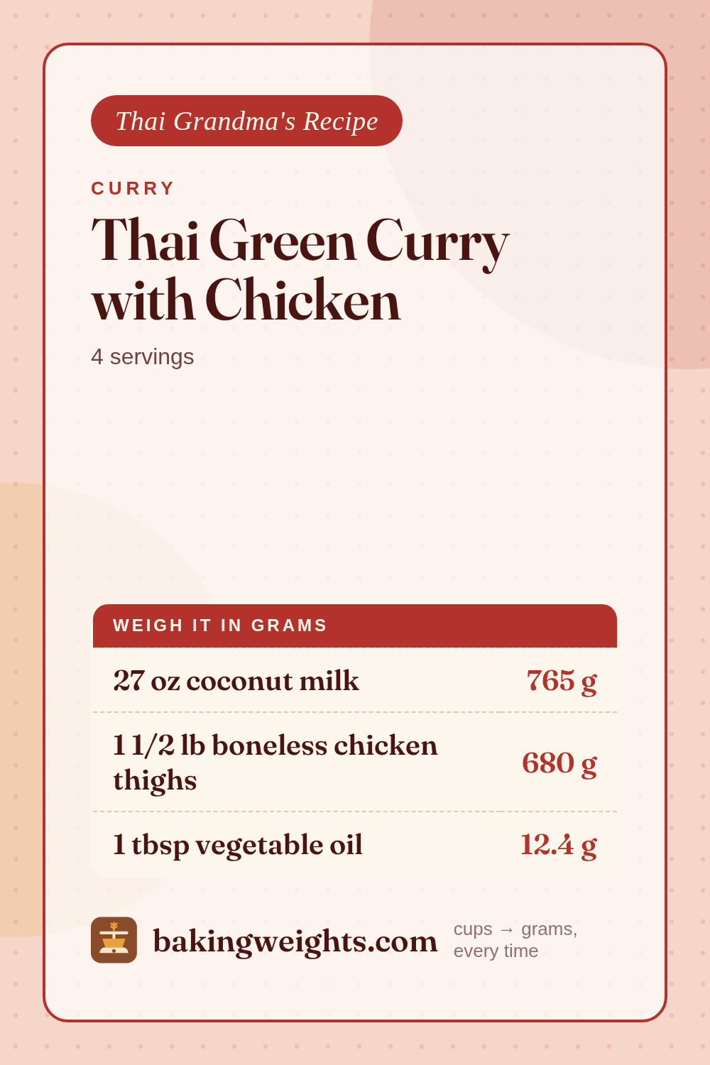Thai Green Curry with Chicken Recipe (Grams & Cups) | Baking Weights
